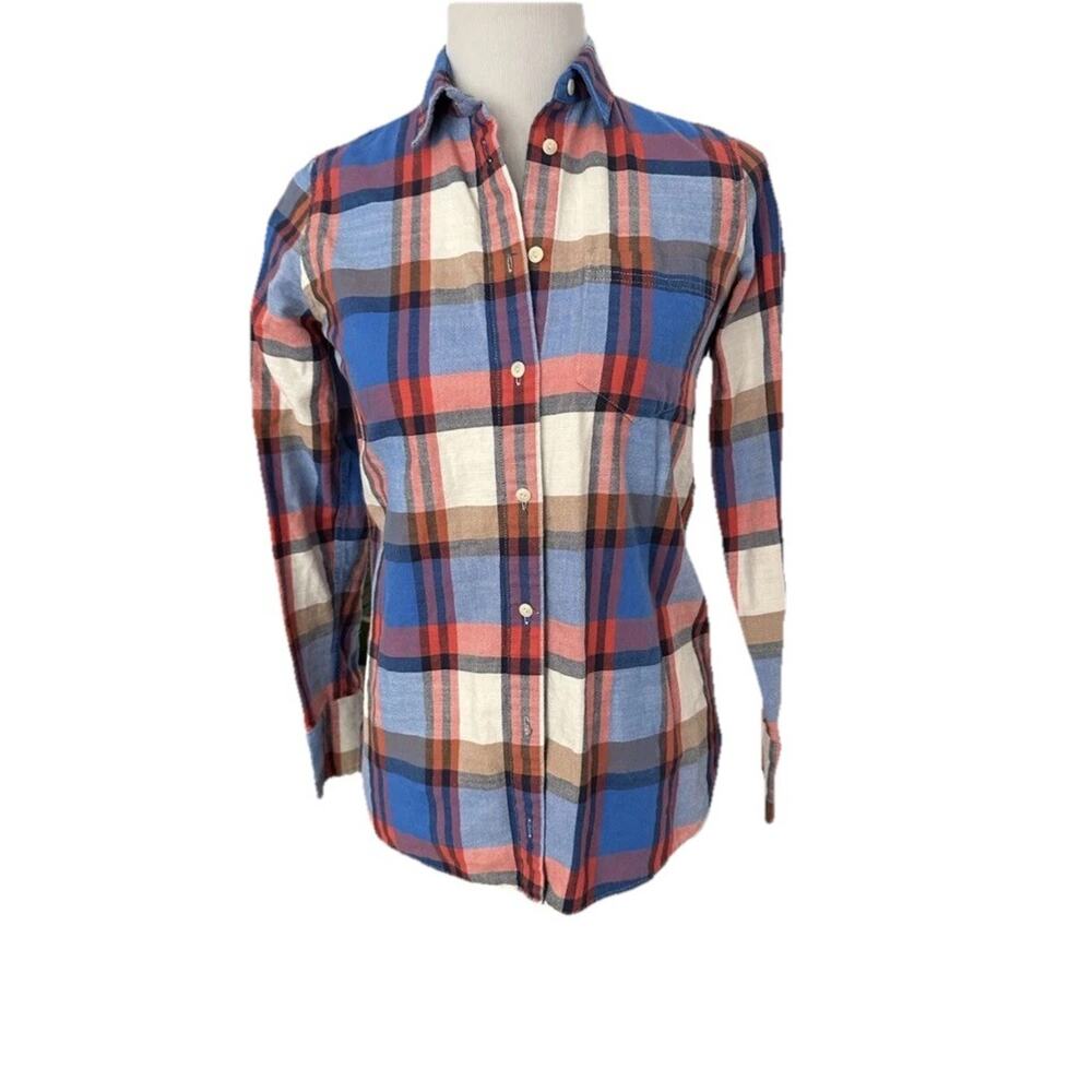 J.Crew Women’s M Flannel Shirt Blue Orange Plaid Button Up Long Sleeve Style Vtg